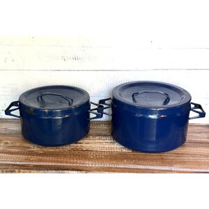 Set 2 Vintage MCM Arabia Finland Finel Seppo Mallat Blue Enamel Pots & Lids